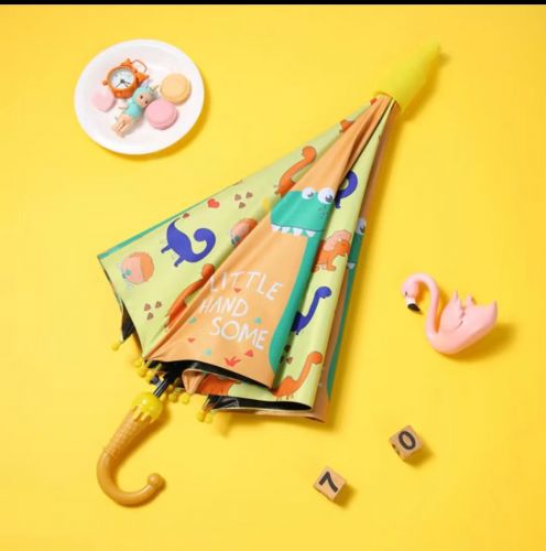 兒童雨傘半自動長柄晴雨兩用傘遮陽防曬黑膠帶防水套傘 黃色恐龍